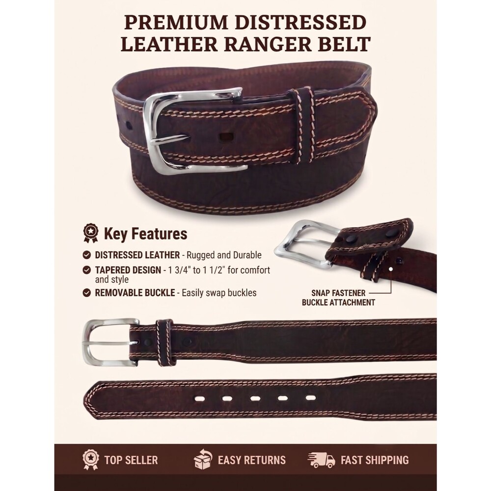 Ranger Belt Company WF-39 Distress Brown Leather Tapered Belt Size , 42, 46